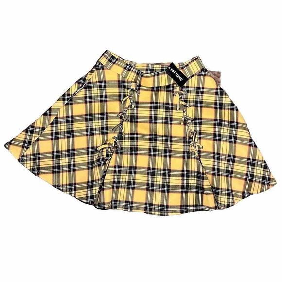 Hot Topic Mini Skirt Plaid Yellow Skater A-Line Medium Y2K Style Flare Unlined - Picture 1 of 9
